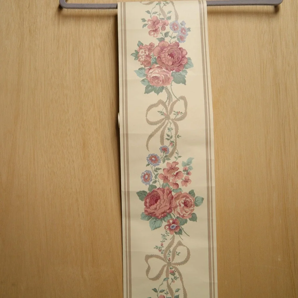Vintage Floral Wallpaper Border Pink Rose Blue Flower Bow 70ft x 7in Cottagecore